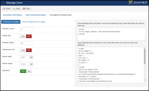 SocialAds Manage Zones