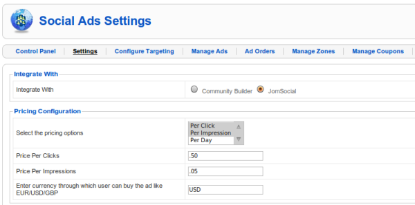 Pricing options in the settings view