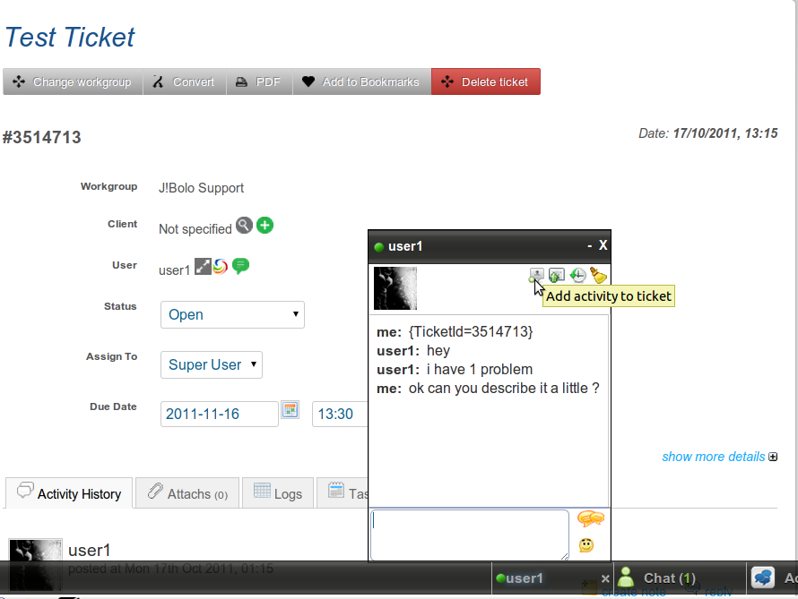 jbolo hd add activity to ticket click inside chat window