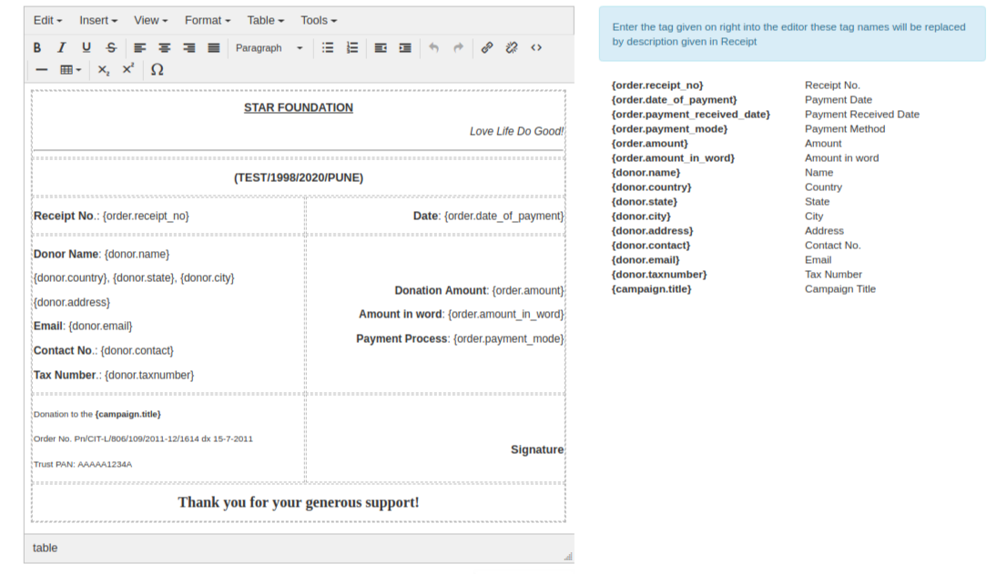 Donor Receipt Template from techjoomla.com